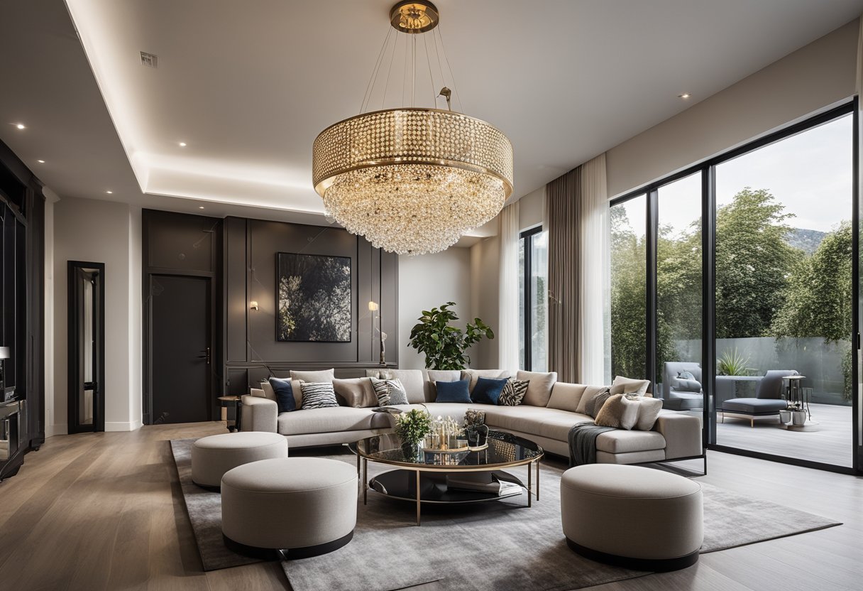 A spacious living room with a high ceiling, adorned with intricate and modern POP design. The room features elegant lighting fixtures and a combination of bold and neutral colors, creating a stylish and inviting ambiance