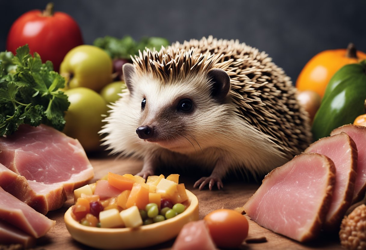 A hedgehog surrounded by various food items, including ham, with a question mark above its head