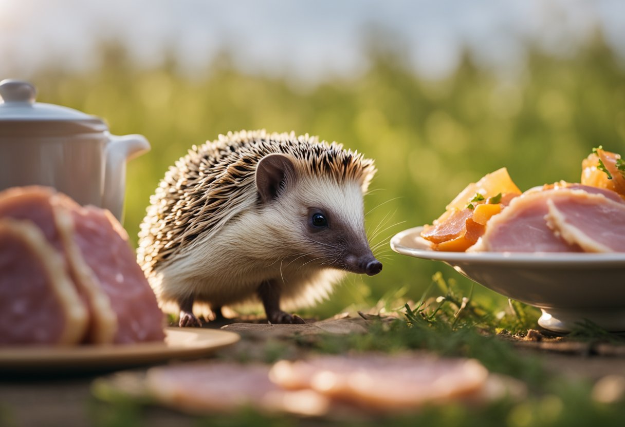 A hedgehog sniffs a piece of ham, then nibbles cautiously