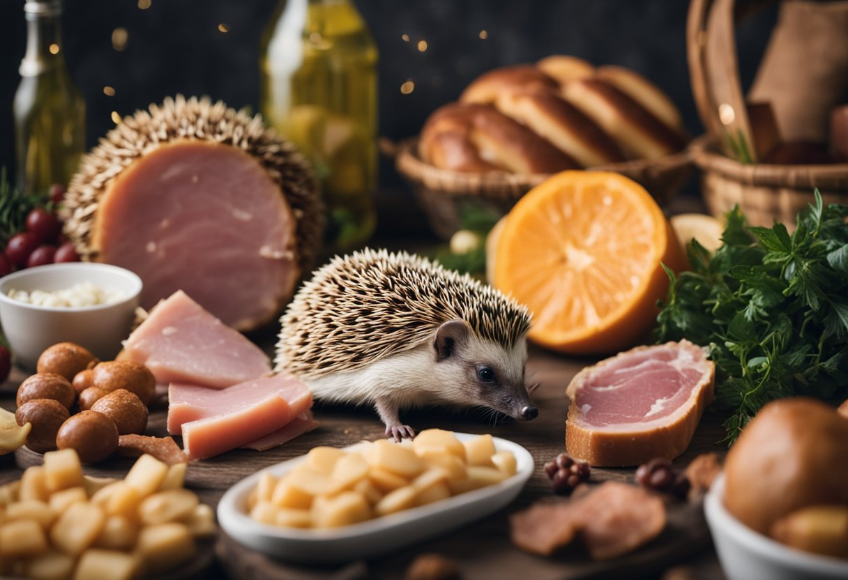 A hedgehog surrounded by various food items, including a piece of ham. The hedgehog is looking at the ham with curiosity