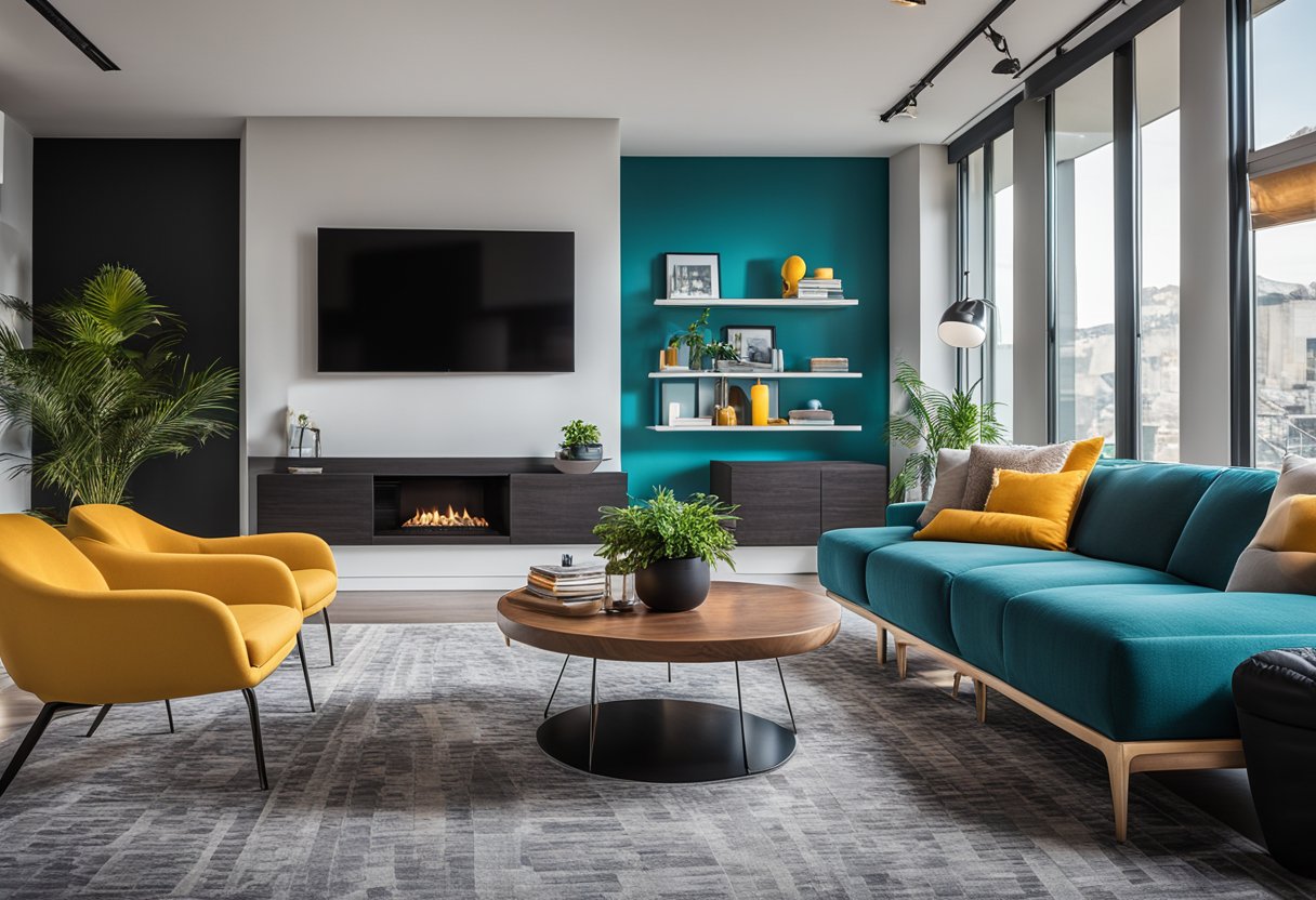 A modern living room with vibrant colors, sleek furniture, and a statement wall featuring a bold pop design, creating an inviting and lively ambience