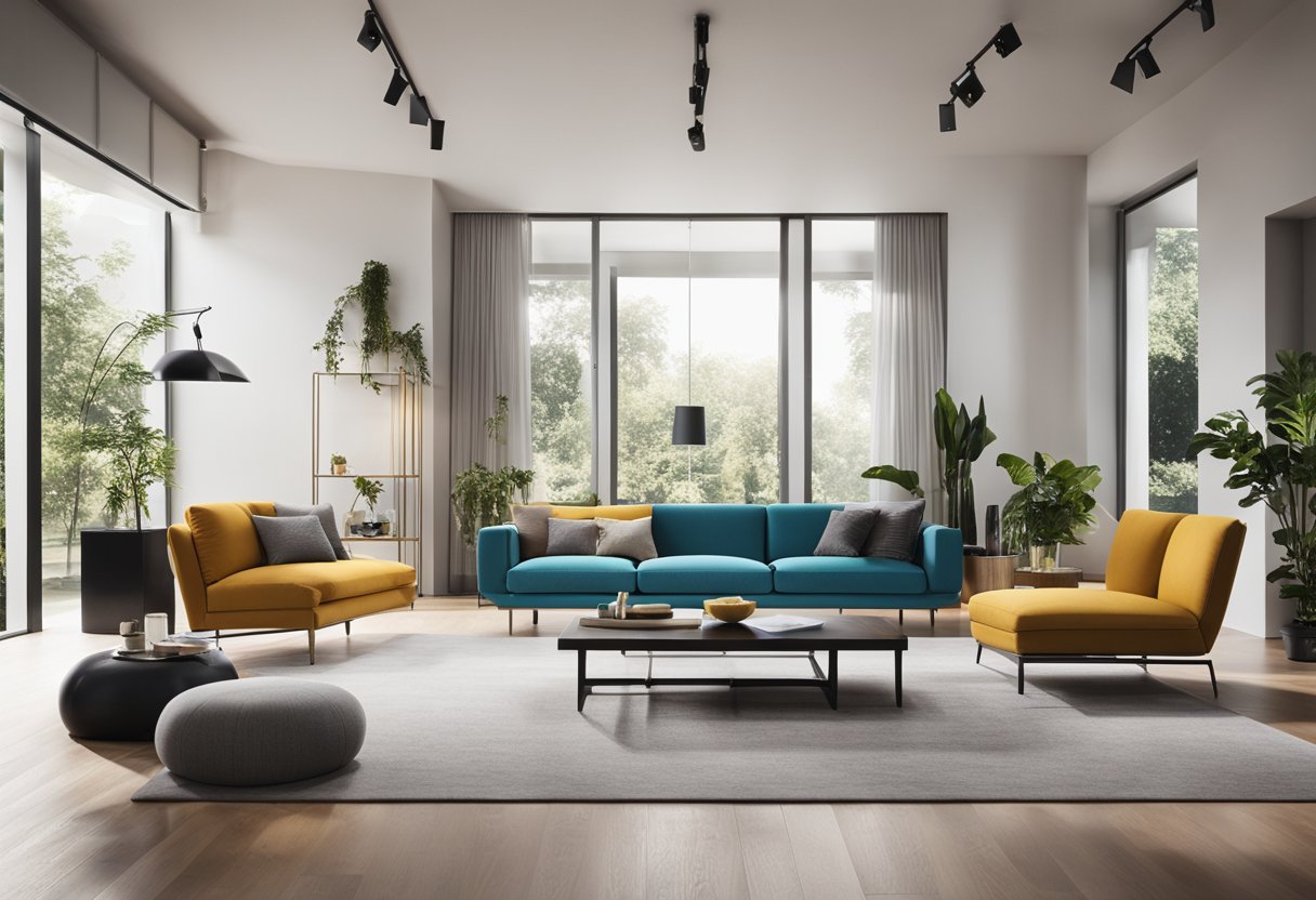 A modern living room with a sleek, minimalist pop design. Clean lines, bright colors, and geometric shapes create a contemporary and inviting space