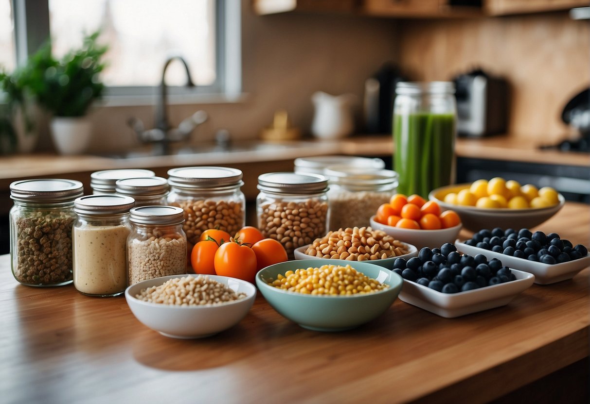 A kitchen counter with various ingredients, meal prep containers, and cooking utensils neatly organized. A list of "15 Meal Preps Under $5 per serving" and "Top 15 Products Every Meal Prepper Needs" displayed nearby
