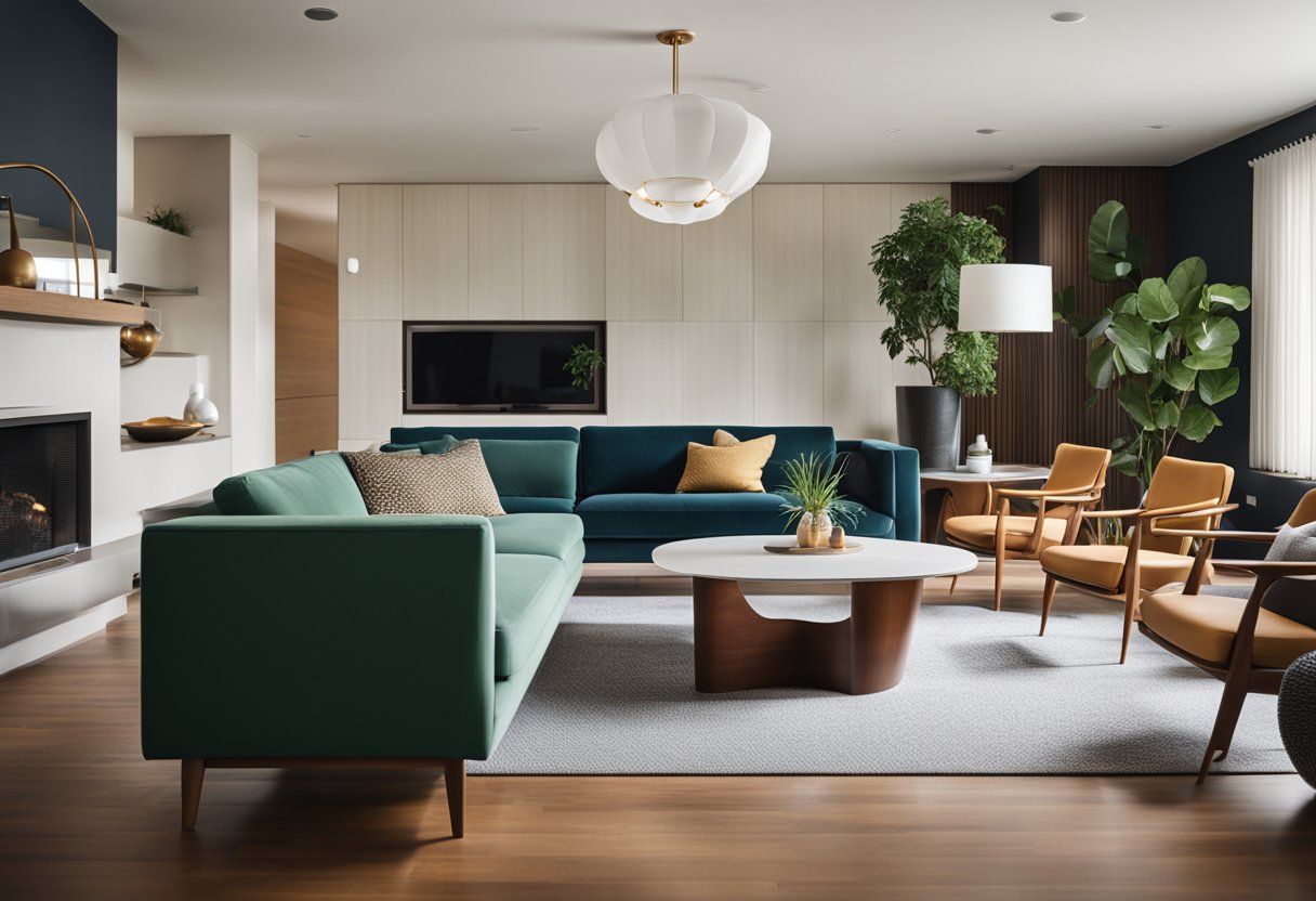 A sleek mid century modern living room with clean lines, organic shapes, and a mix of natural and bold colors