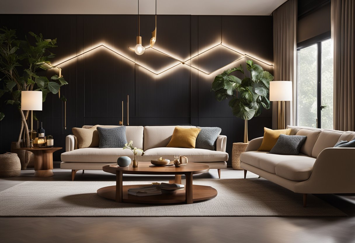 The mid century modern living room features clean lines, organic shapes, and a mix of natural and man-made materials. A low-profile sofa, sleek coffee table, and iconic lighting fixtures complete the look