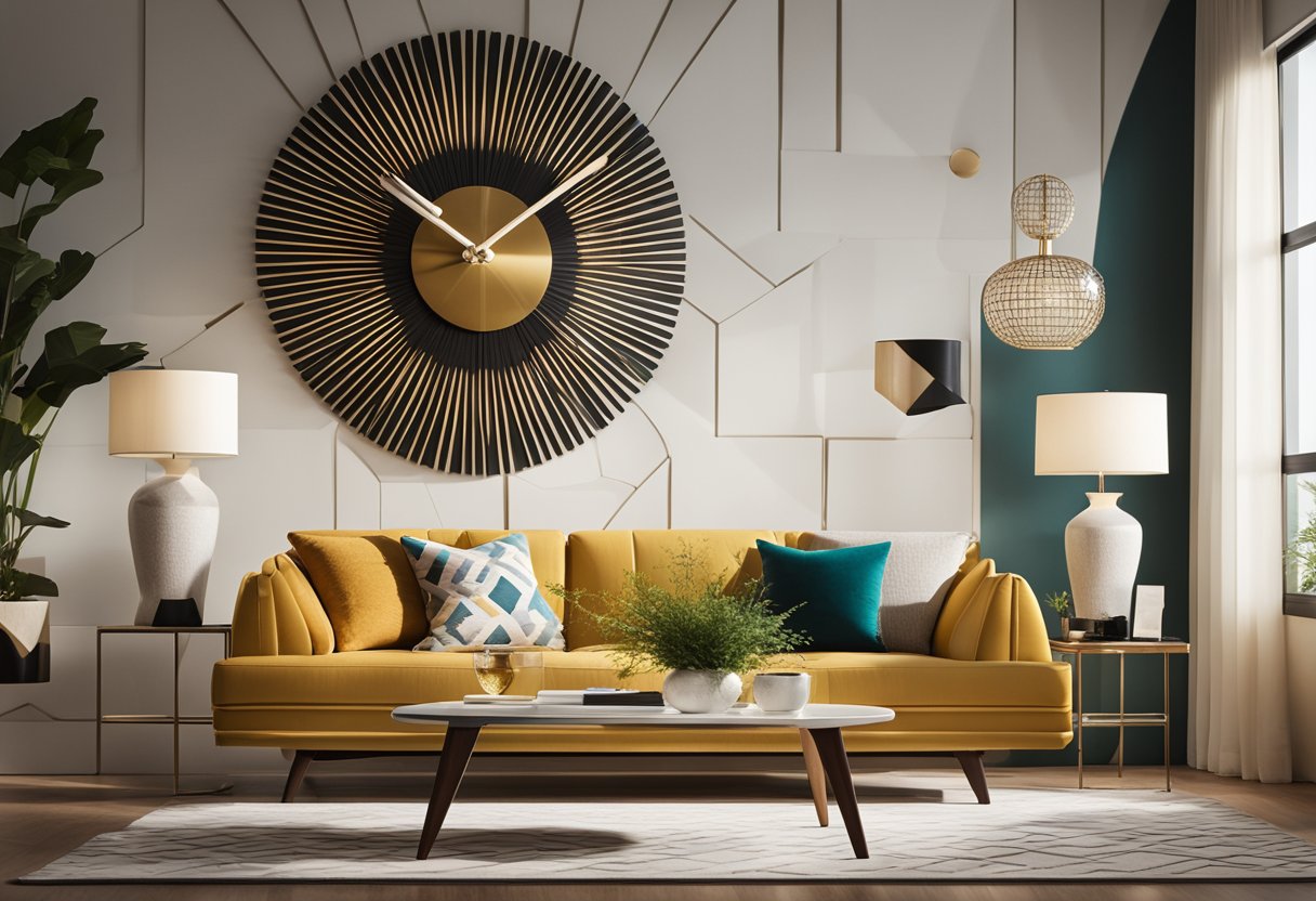 A mid century modern living room with sleek furniture, clean lines, and bold geometric patterns. A sunburst clock and abstract art add pops of color