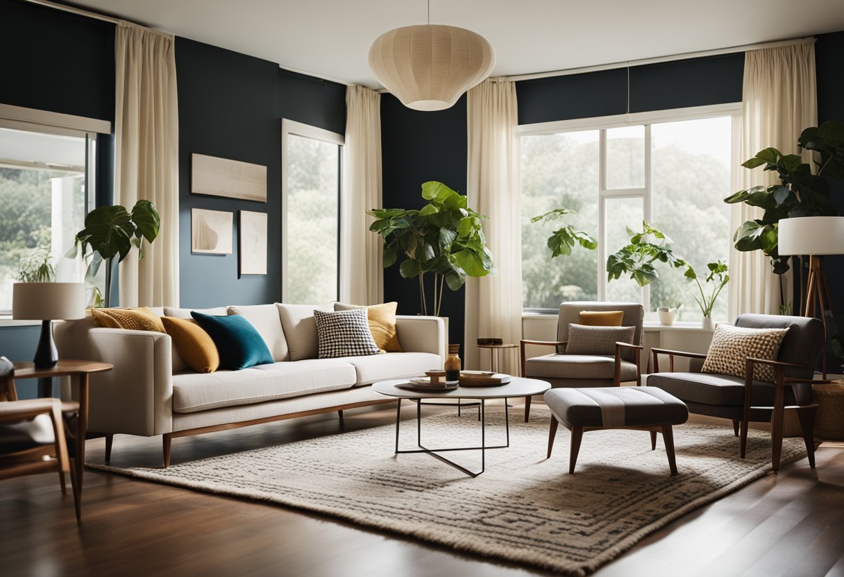A mid century modern living room with clean lines, sleek furniture, and a minimalist color palette. A statement piece like a retro-inspired sofa or a geometric rug could be featured