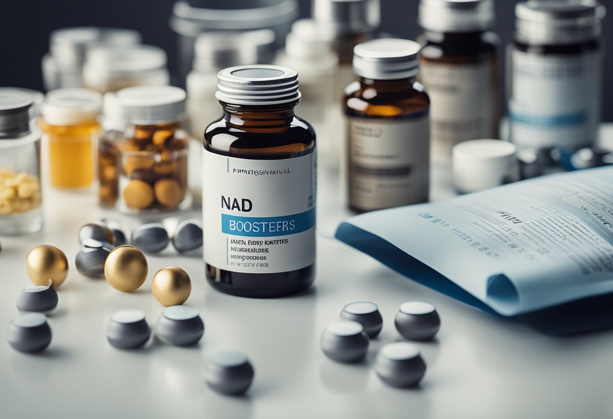 A laboratory table with various NAD+ boosters and anti-aging supplements arranged neatly next to a research paper on lifestyle factors influencing NAD+ levels