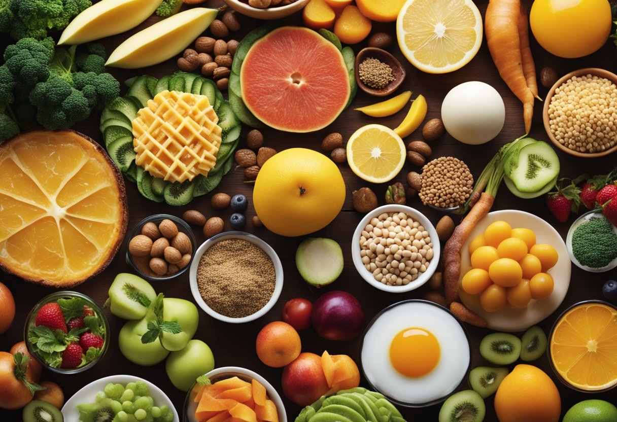 A colorful array of nutrient-rich foods surrounded by cellular structures undergoing rejuvenation through autophagy
