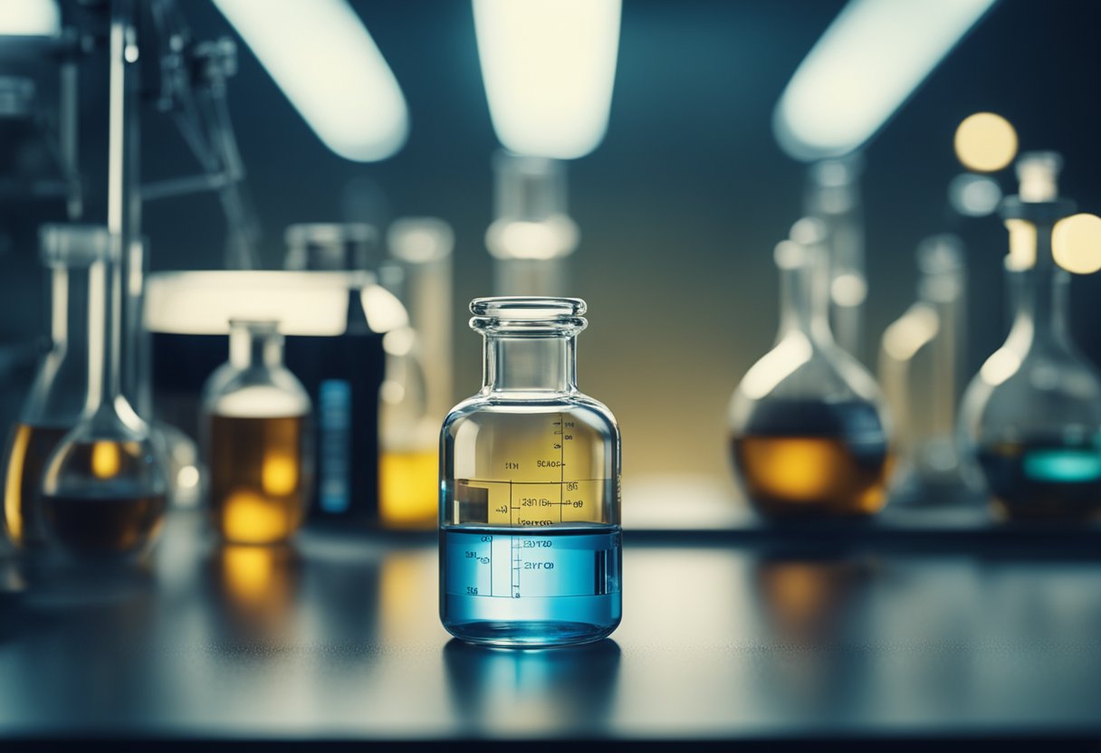 A vial of peptide solution surrounded by scientific equipment and a futuristic lab setting