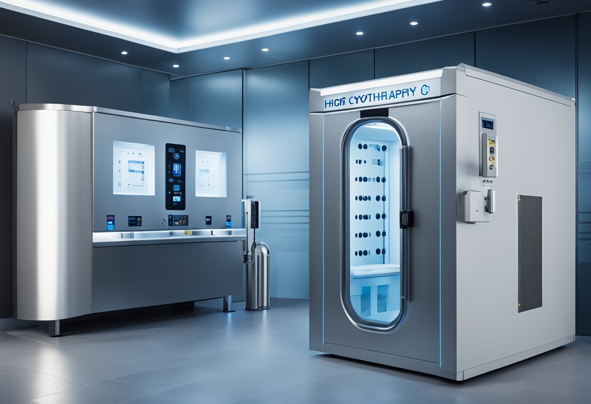 A cryotherapy chamber with safety signs and protective gear for anti-aging treatment