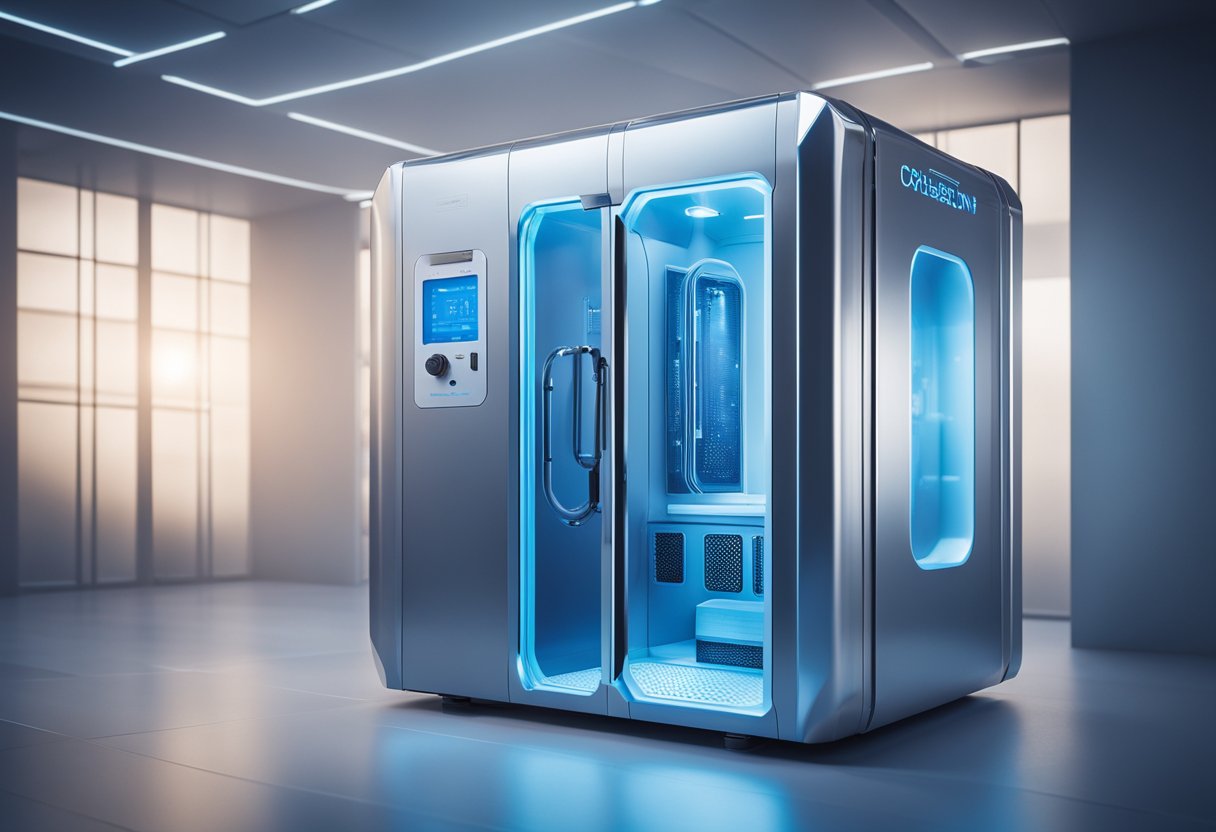 A cryotherapy chamber surrounded by futuristic technology and sleek, modern design, with a soft blue light emanating from the interior