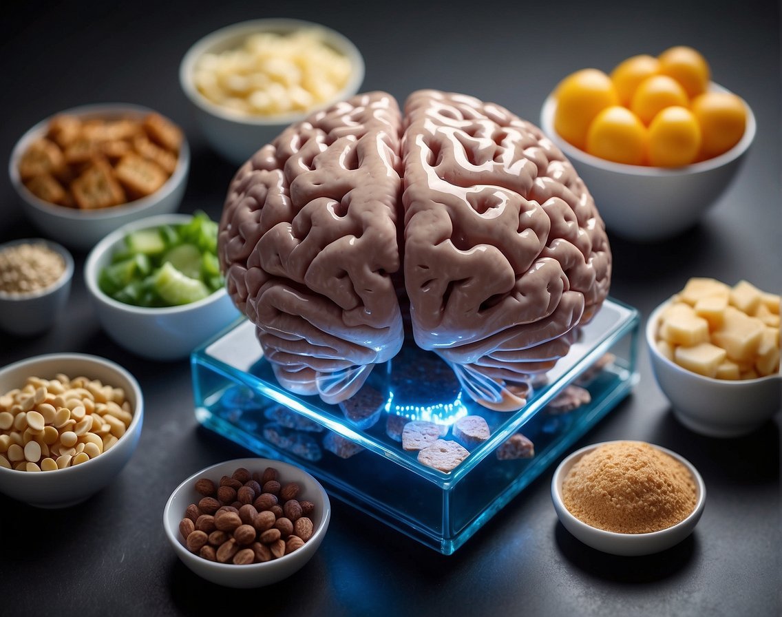 A brain surrounded by ketogenic diet foods and principles