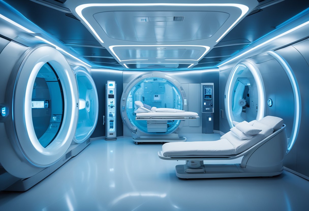 A serene, futuristic chamber filled with soft blue light, featuring a sleek hyperbaric oxygen therapy pod surrounded by advanced medical equipment and technology