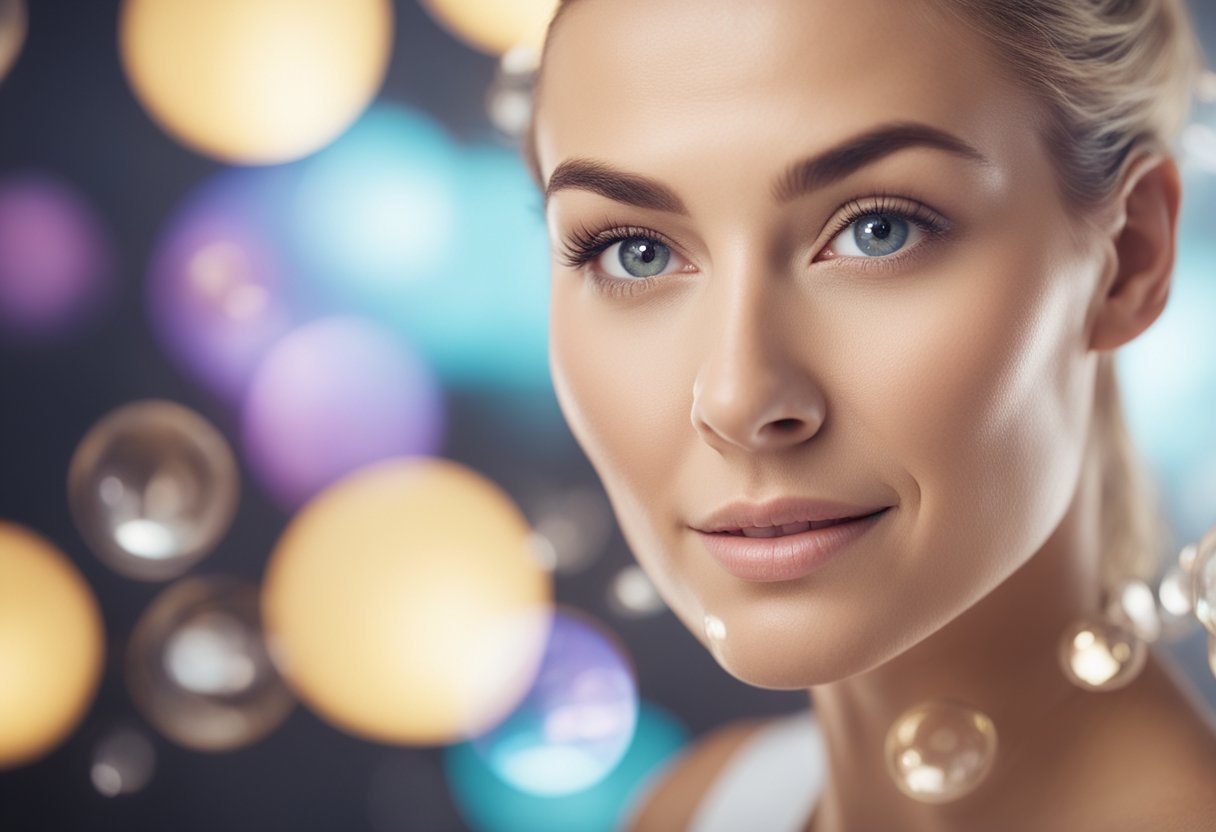 A glowing, youthful skin surrounded by bubbles of oxygen, demonstrating the effectiveness of hyperbaric oxygen therapy for anti-aging