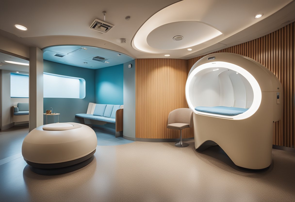 A serene room with a hyperbaric oxygen chamber, soft lighting, and comfortable seating. A sense of calm and rejuvenation permeates the space