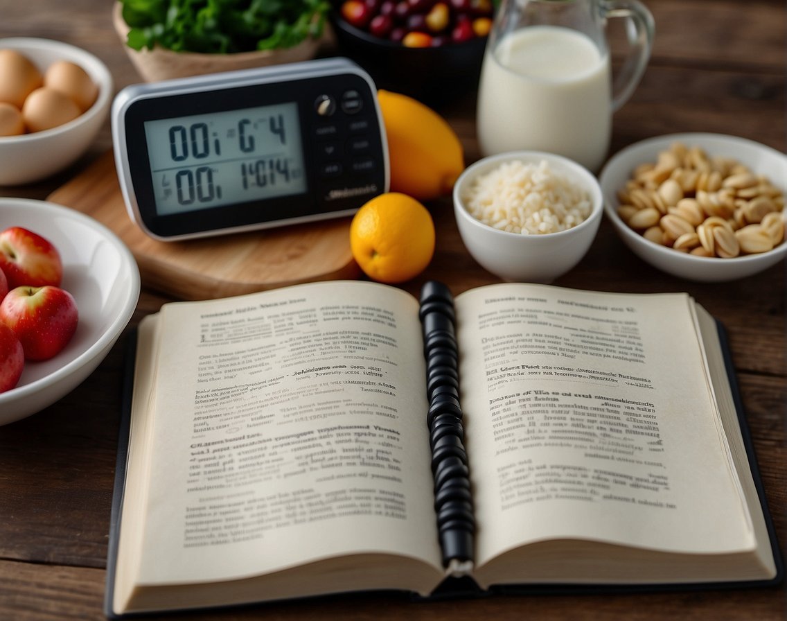 A ketogenic diet book open on a table, surrounded by heart-healthy foods and a heart rate monitor