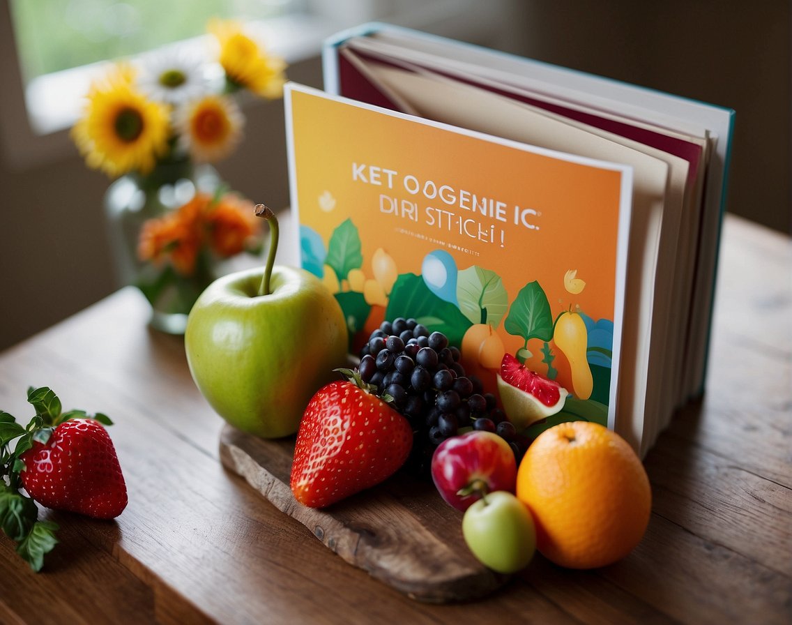 A ketogenic diet book surrounded by colorful fruits and vegetables, with a brain and a heart symbolizing mental and physical health