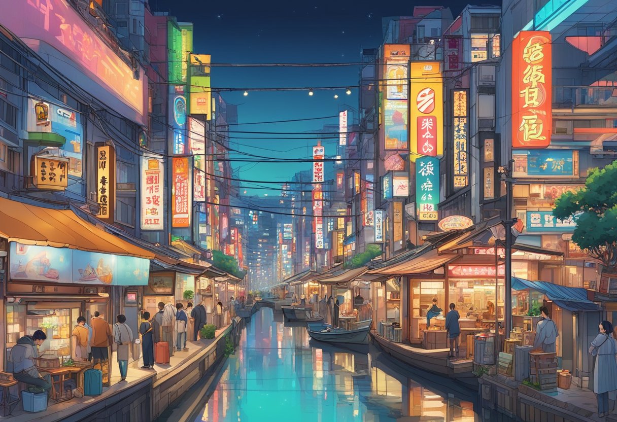 Busy Dotombori District: neon signs, bustling streets, canal with boats, iconic Glico running man billboard, street food stalls, and vibrant nightlife