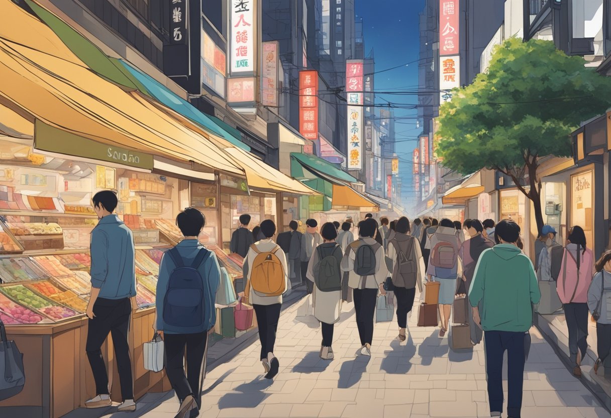 Brightly lit storefronts line the bustling streets of Dotombori District, showcasing the latest fashion trends and must-have accessories. Pedestrians weave through the crowds, carrying bags filled with their latest purchases