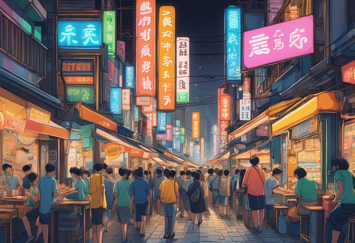 Colorful neon signs illuminate the bustling streets of Dotombori District. Crowds of people fill the sidewalks, and the aroma of sizzling street food fills the air. The vibrant energy of the nightlife scene is palpable