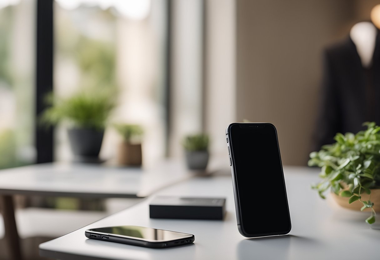 An iPhone 15 Mini sits on a sleek, modern table with a price tag displayed next to it. The background is clean and minimalist, drawing attention to the device