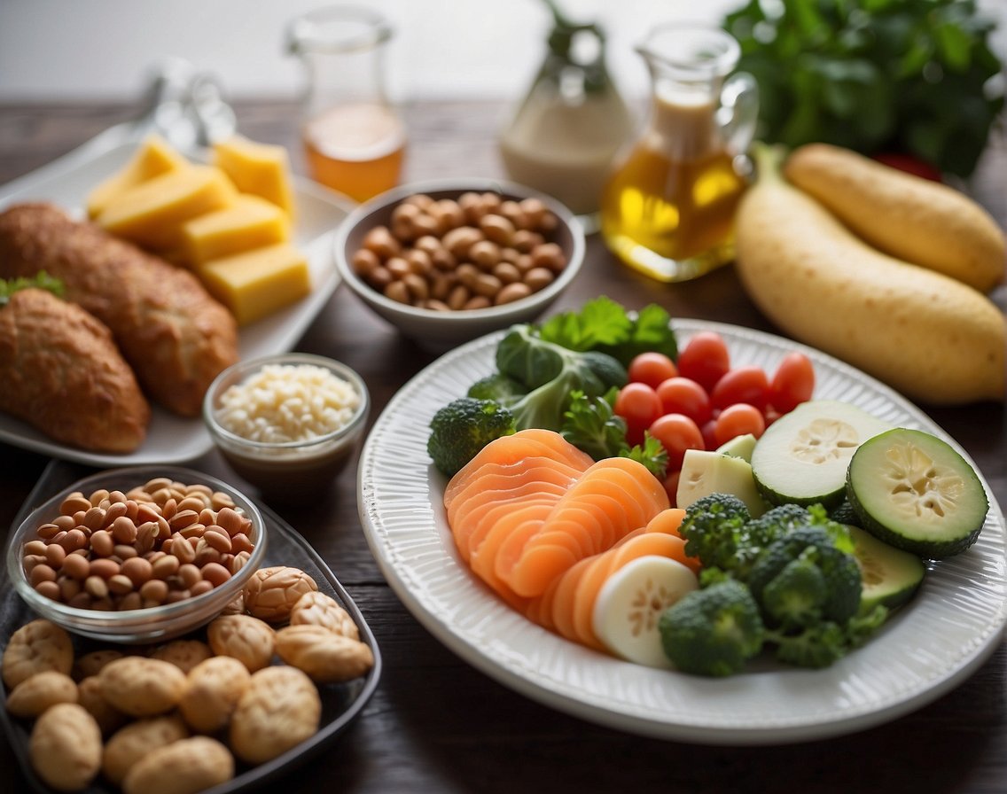 A table set with colorful, low-carb foods, surrounded by gut-friendly probiotics and a chart showing the ketogenic diet's impact on the gut microbiota