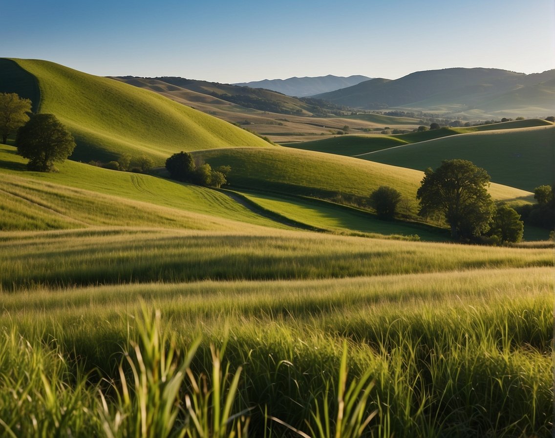 A serene landscape with a clear blue sky, rolling hills, and a vibrant green meadow, showcasing the connection between the ketogenic diet and gut microbiota