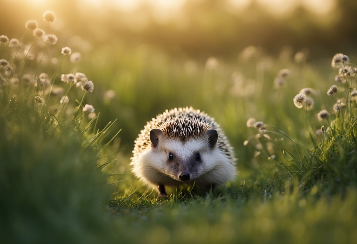 A hedgehog dashes swiftly through a grassy field, its tiny legs propelling it forward with surprising speed