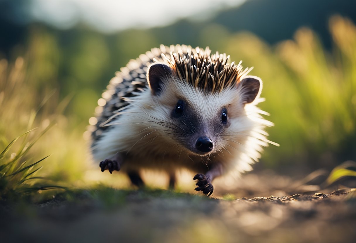 A hedgehog dashes through a grassy field, its spiky back arching as it races with surprising speed