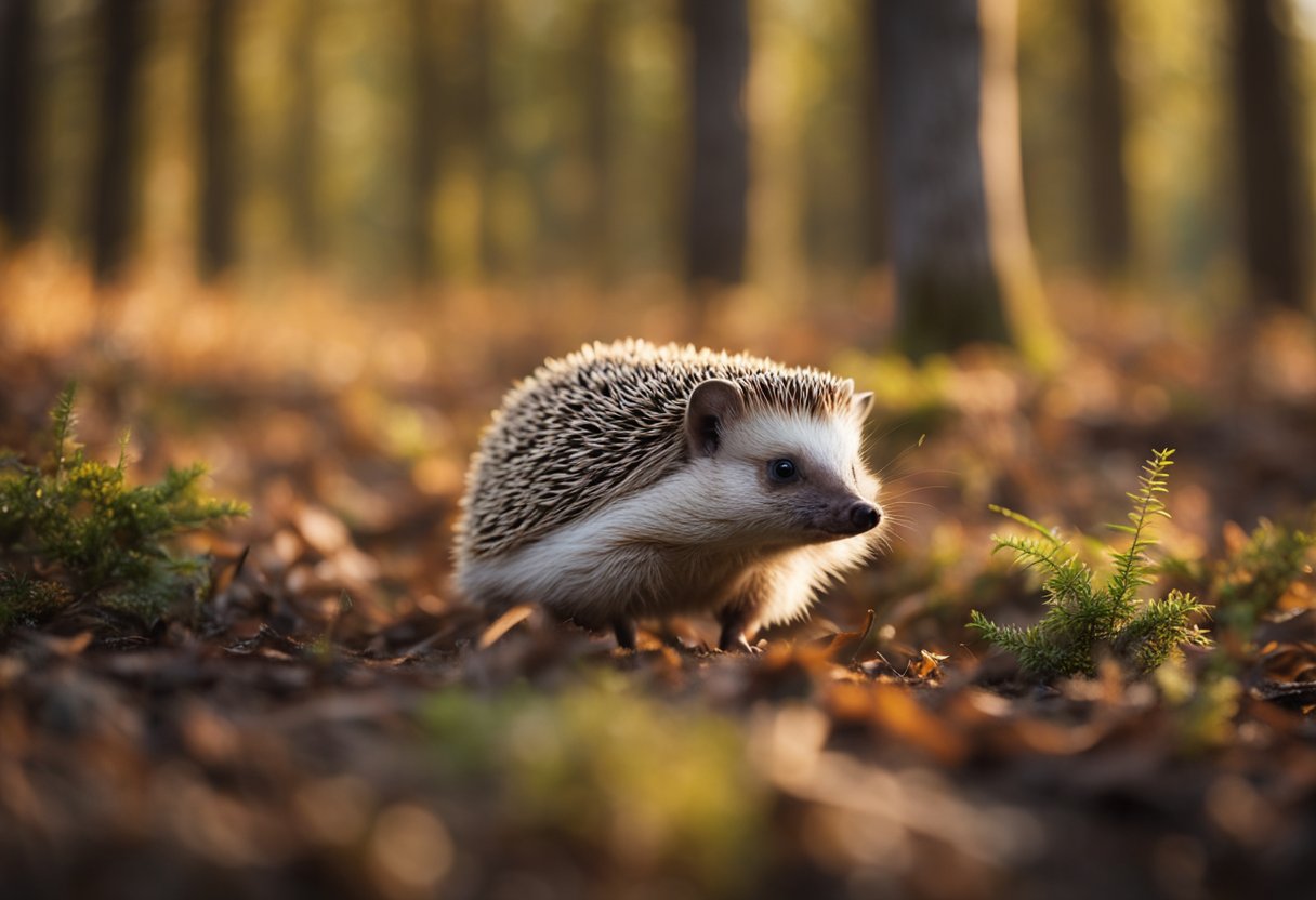 A hedgehog scurries swiftly across the forest floor, its tiny legs moving in a blur as it dashes through the underbrush