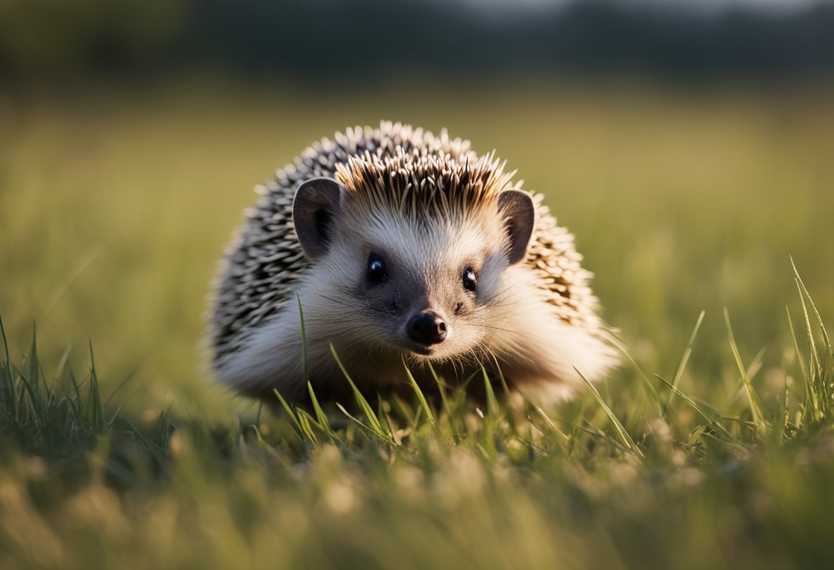 A hedgehog darts across a grassy field, its spines bristling as it scurries with surprising speed