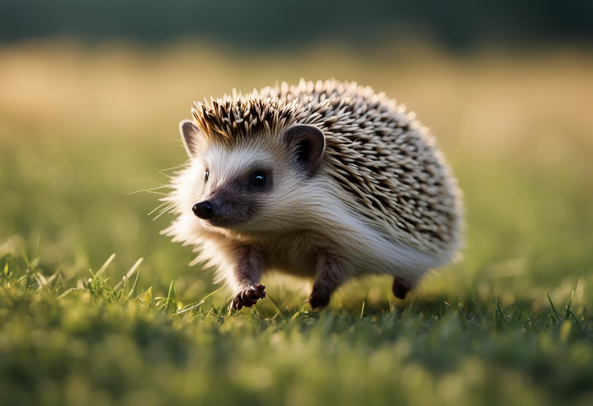 A hedgehog running swiftly on a grassy field, with its tiny legs moving rapidly and its spiky back raised