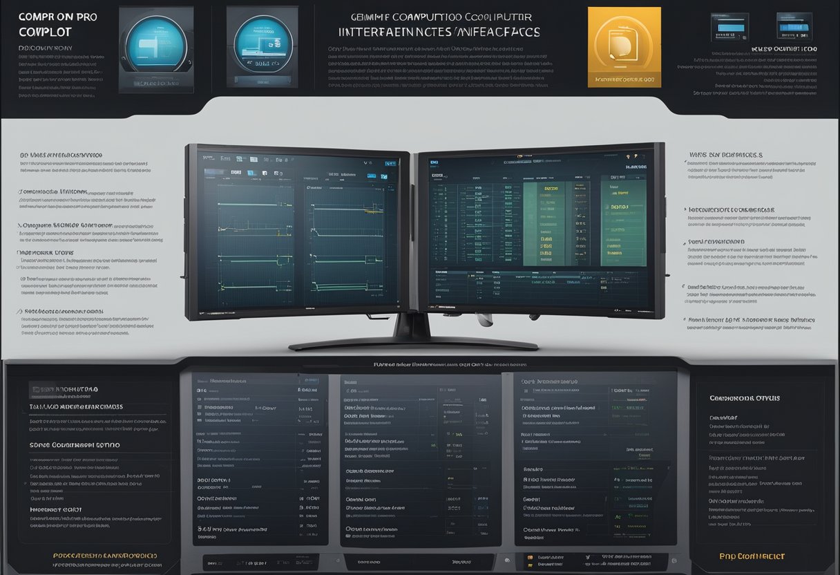 Two side-by-side computer screens displaying Copilot Pro Gemini Advanced and Copilot Pro interfaces, with a comparison chart and features highlighted