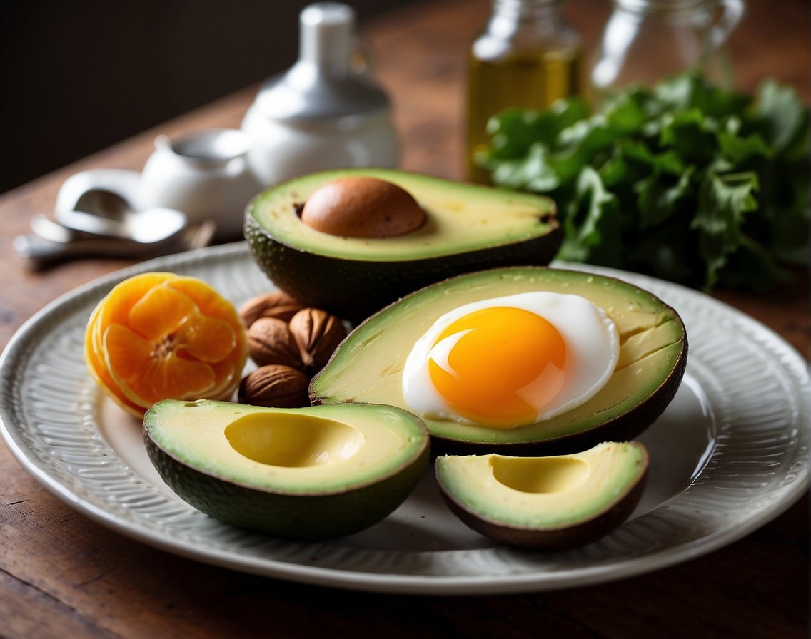 A table set with keto-friendly foods: avocados, eggs, nuts, and leafy greens. A measuring tape and scale nearby