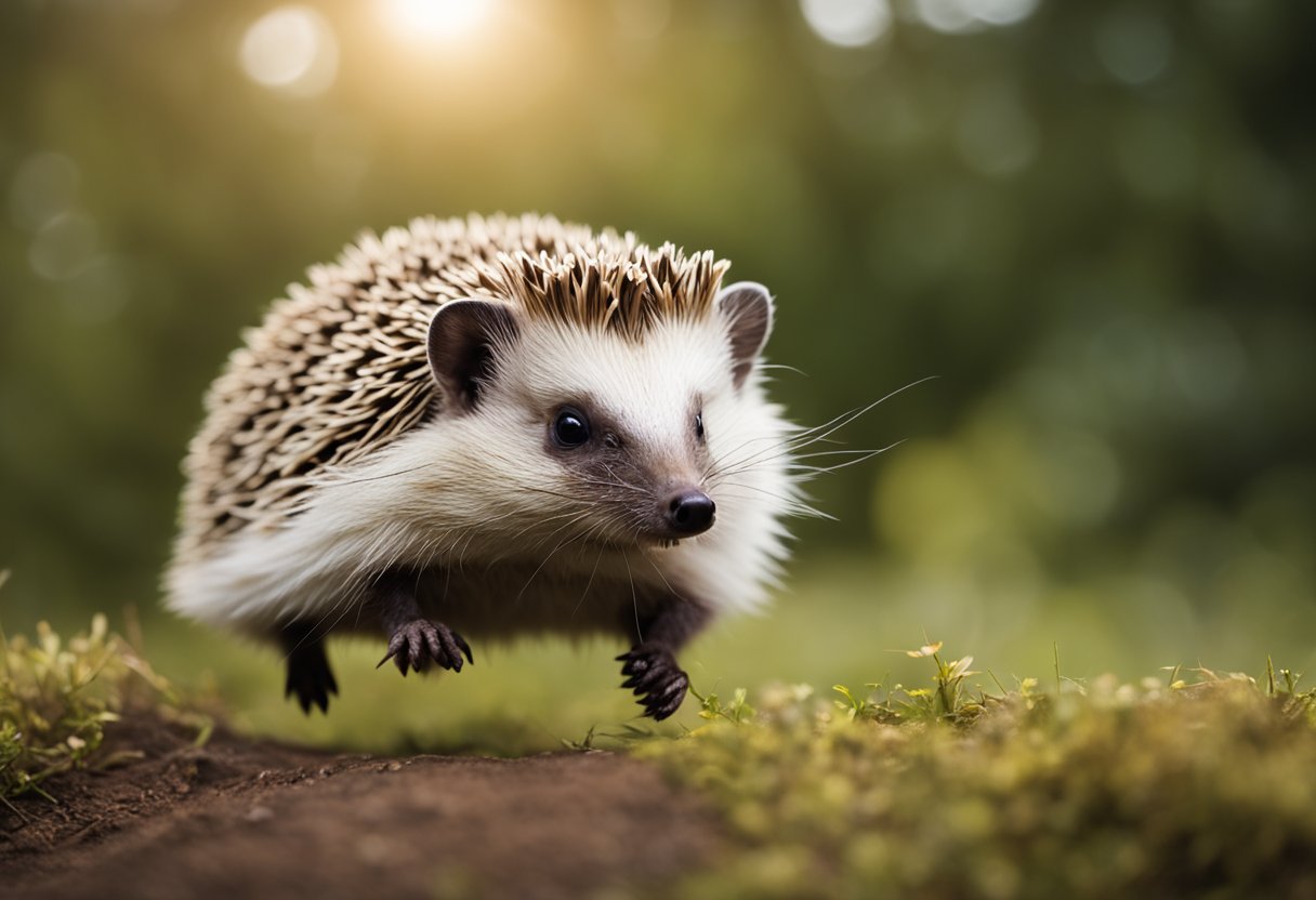 A hedgehog leaps over a small obstacle, its body fully extended in mid-air