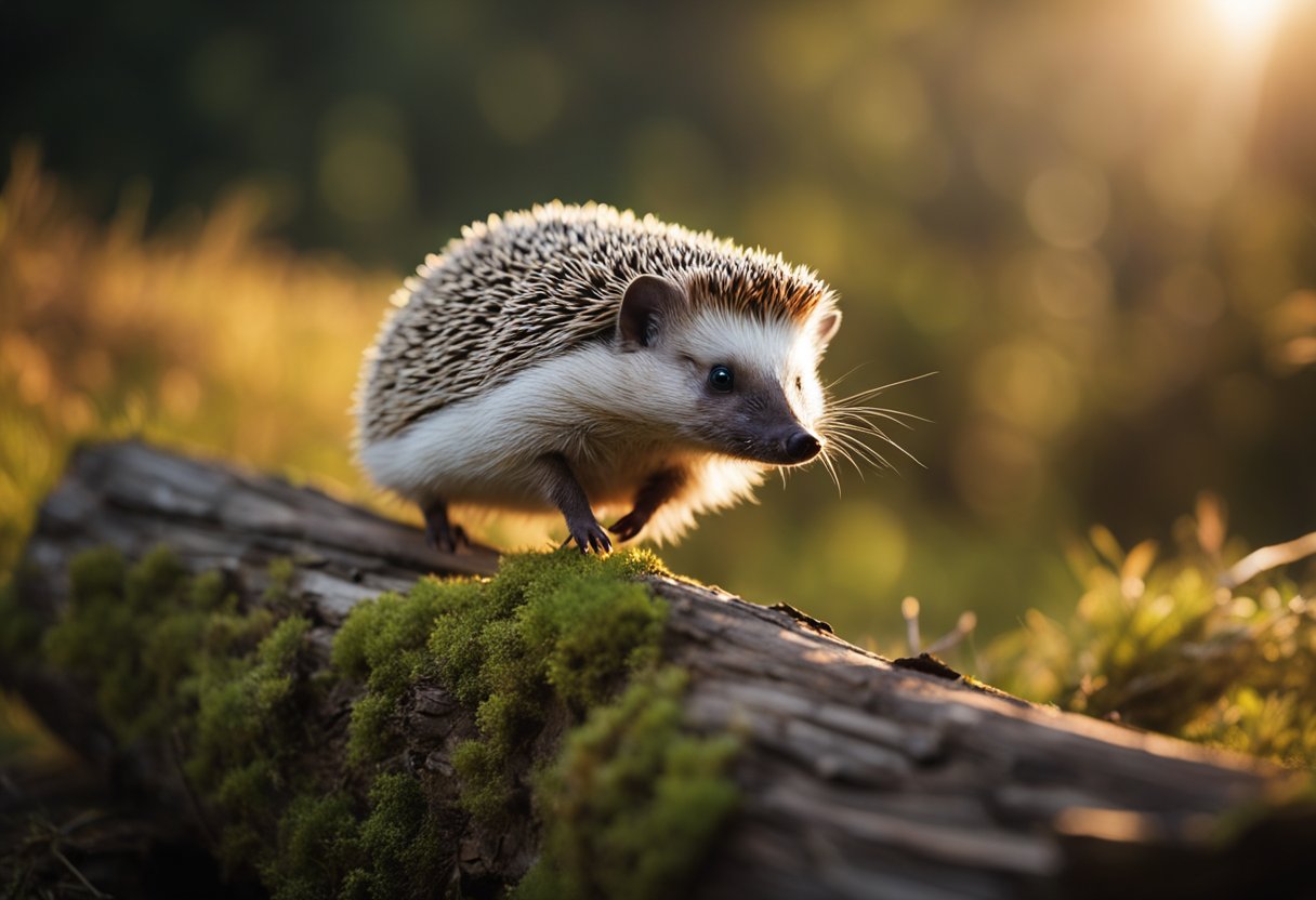 A hedgehog leaping gracefully over a fallen log, demonstrating its impressive jumping capabilities