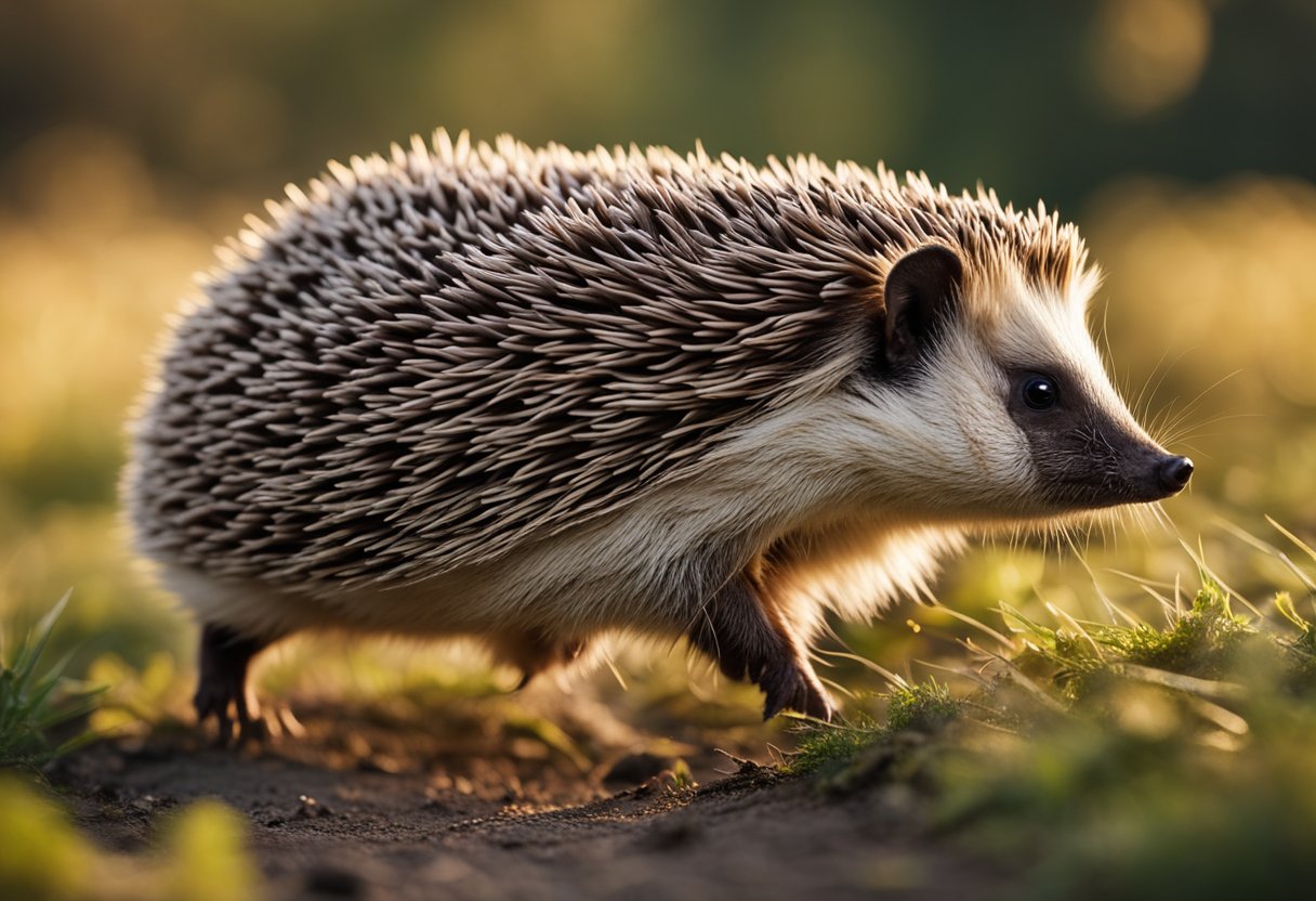 A hedgehog is leaping off the ground, its legs fully extended as it propels itself upward. Its body is slightly arched, and its quills are lifted