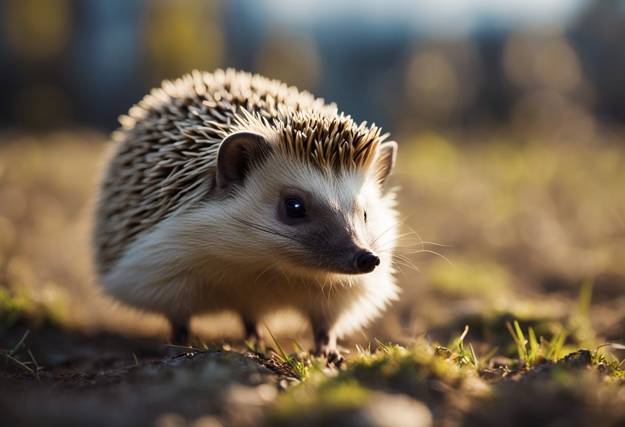A hedgehog poised to jump, surrounded by question marks