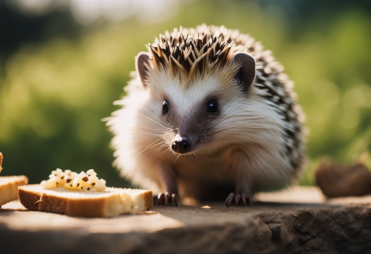 A hedgehog nibbles on a slice of bread, its small paws holding the piece steady as it chews