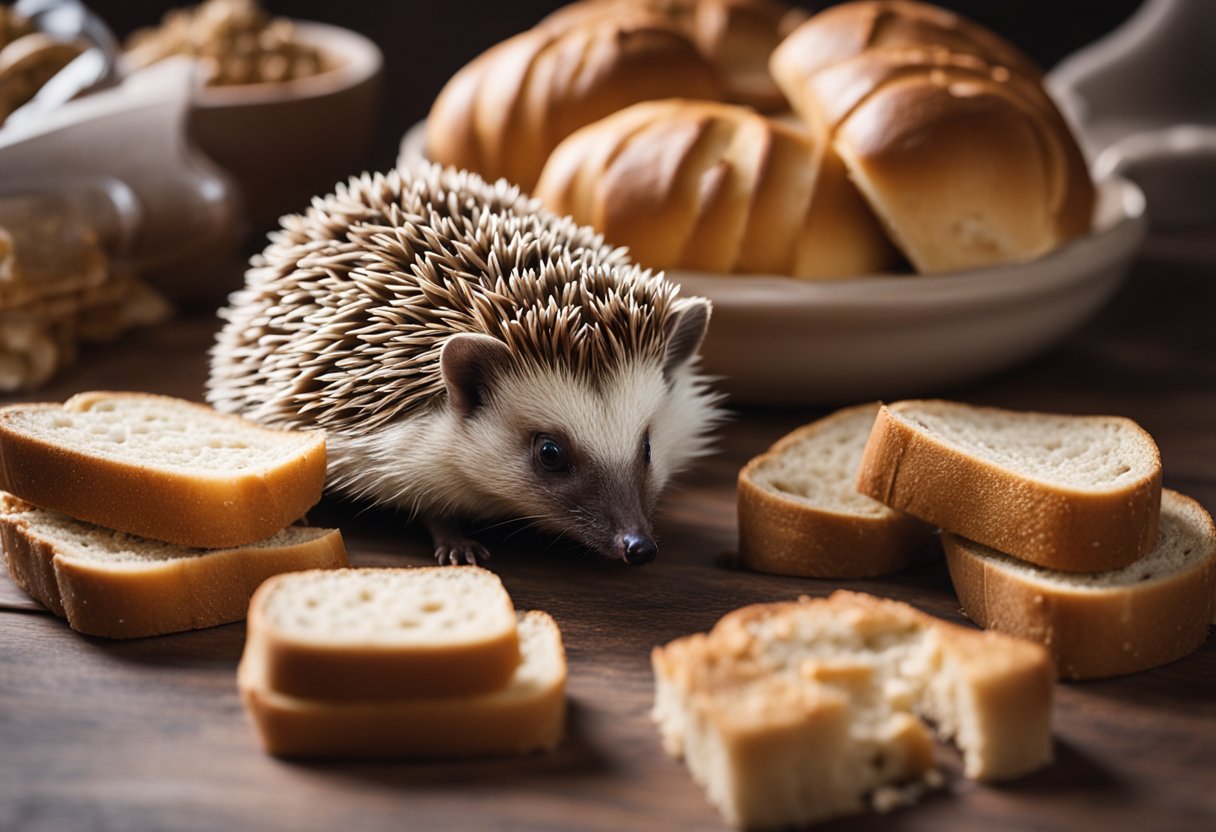 A hedgehog sits near a pile of bread, sniffing and inspecting it with curiosity