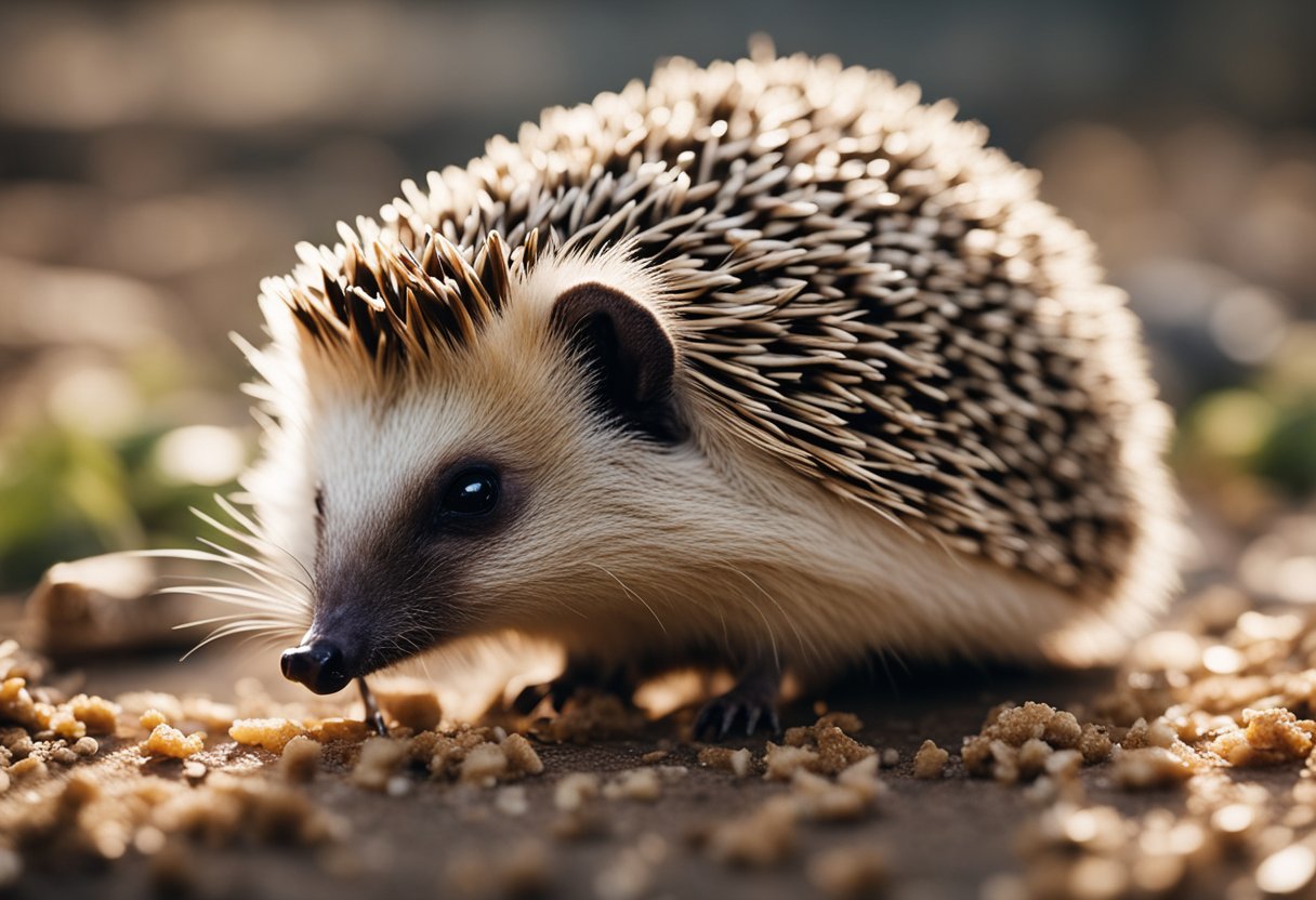 A hedgehog nibbles on a slice of bread, crumbs scattered around