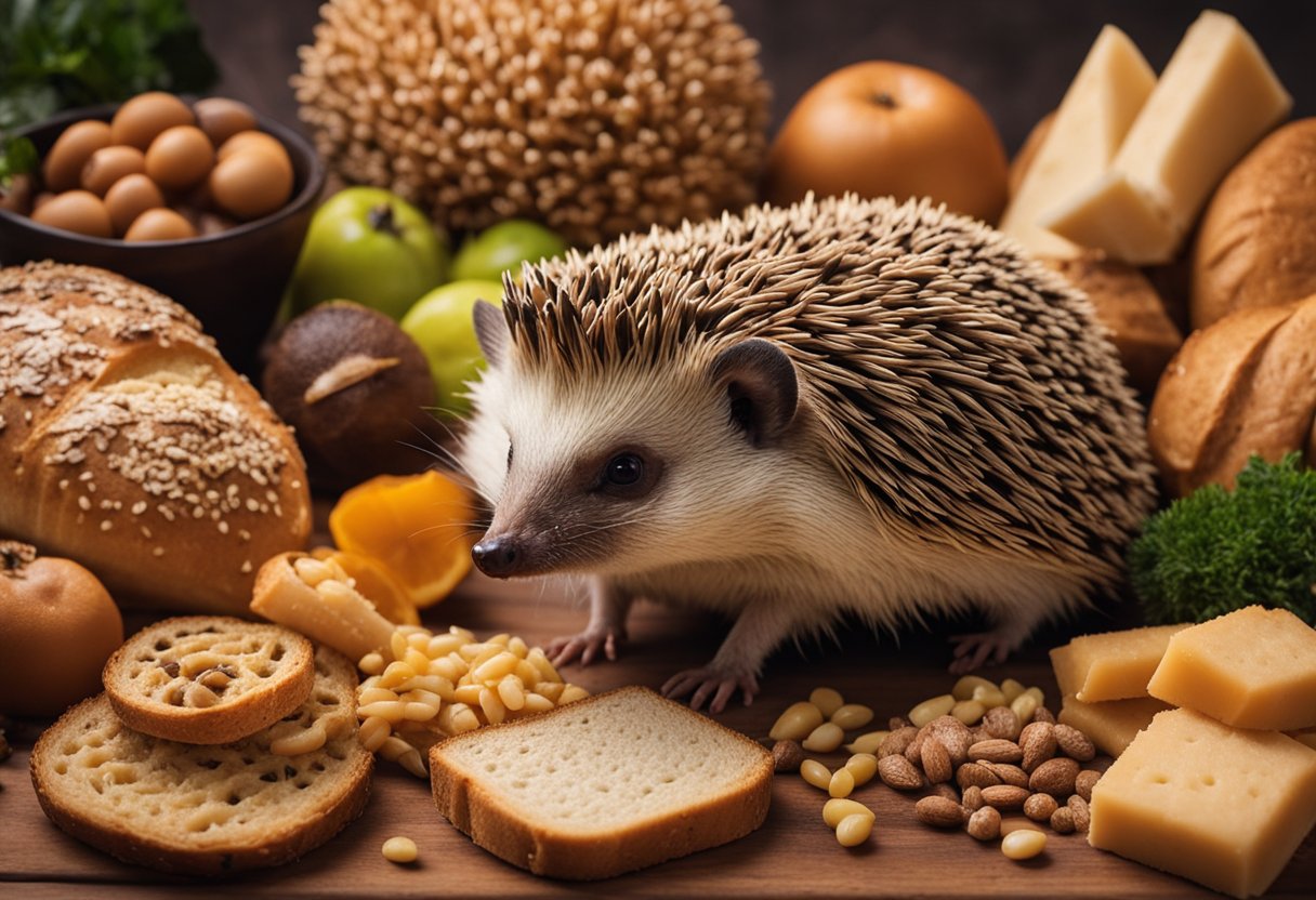 A hedgehog surrounded by various food items, including bread, with a curious expression on its face