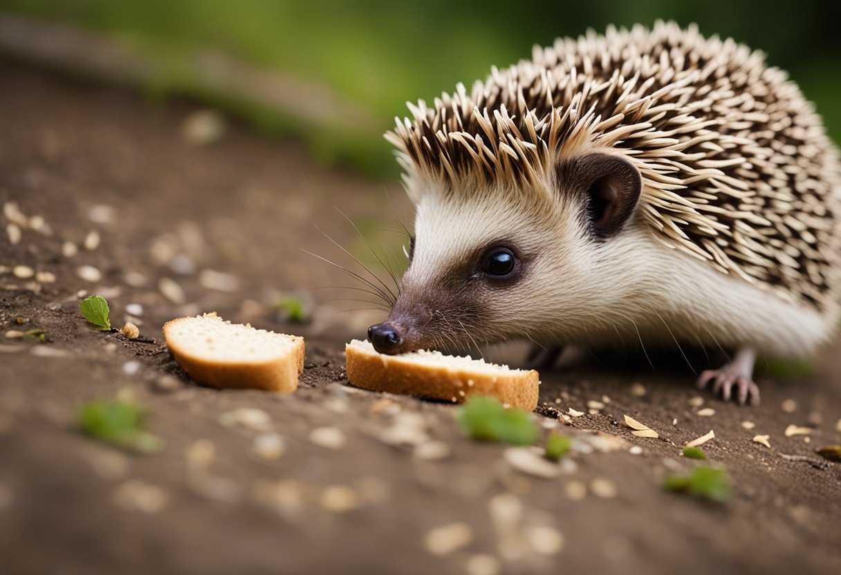 A hedgehog cautiously sniffs a slice of bread on the ground