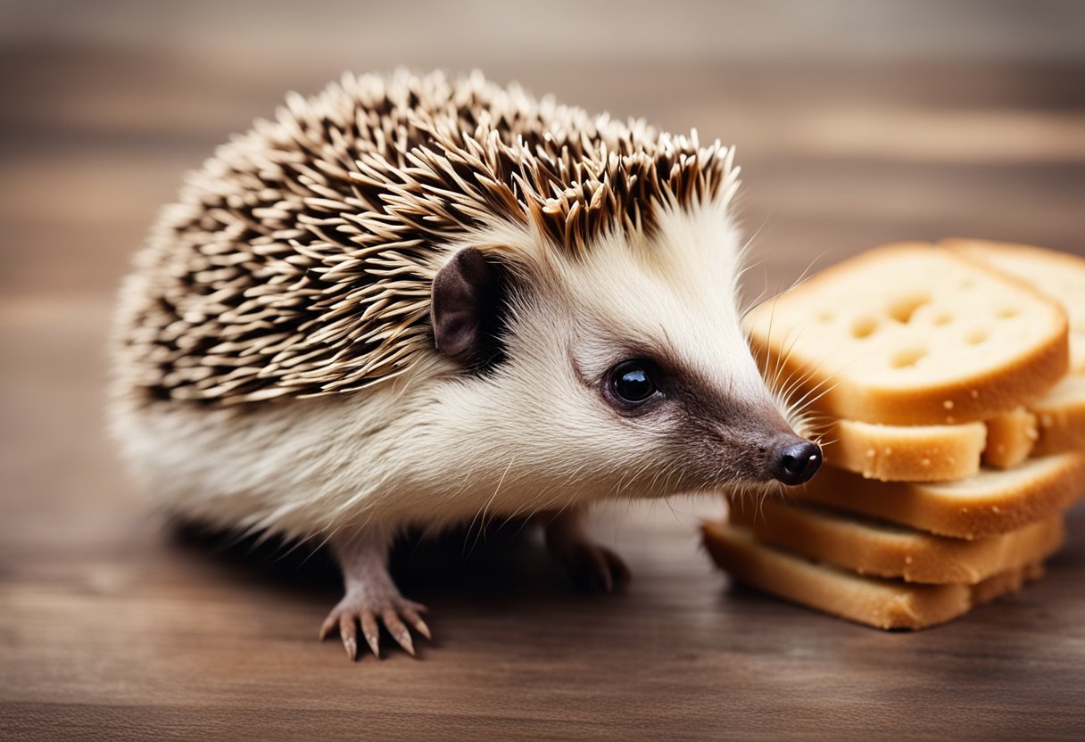 A hedgehog looking at a slice of bread with a question mark above its head
