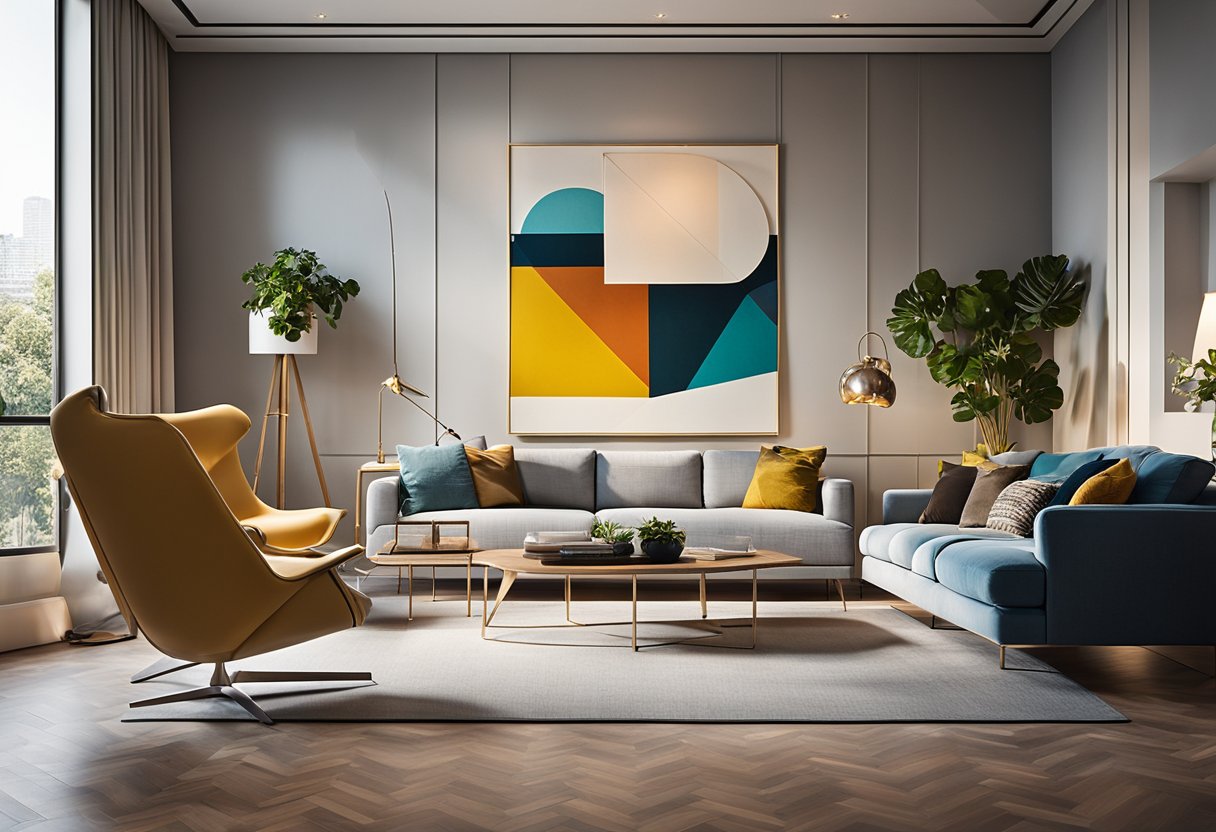 A modern living room with vibrant colors, geometric patterns, and eclectic furniture. A large, abstract art piece hangs on the wall, and natural light floods the space through floor-to-ceiling windows