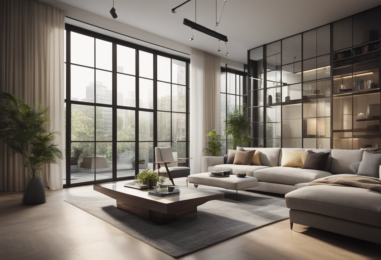 A modern living room with glass block designs, allowing natural light to filter through, creating a sleek and contemporary atmosphere