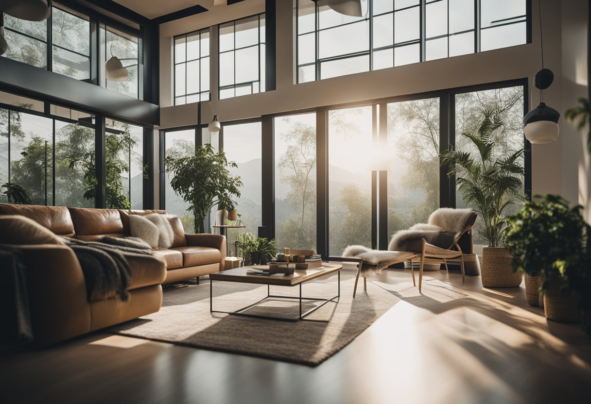 A modern living room with natural light filtering through glass block windows, creating a warm and inviting atmosphere