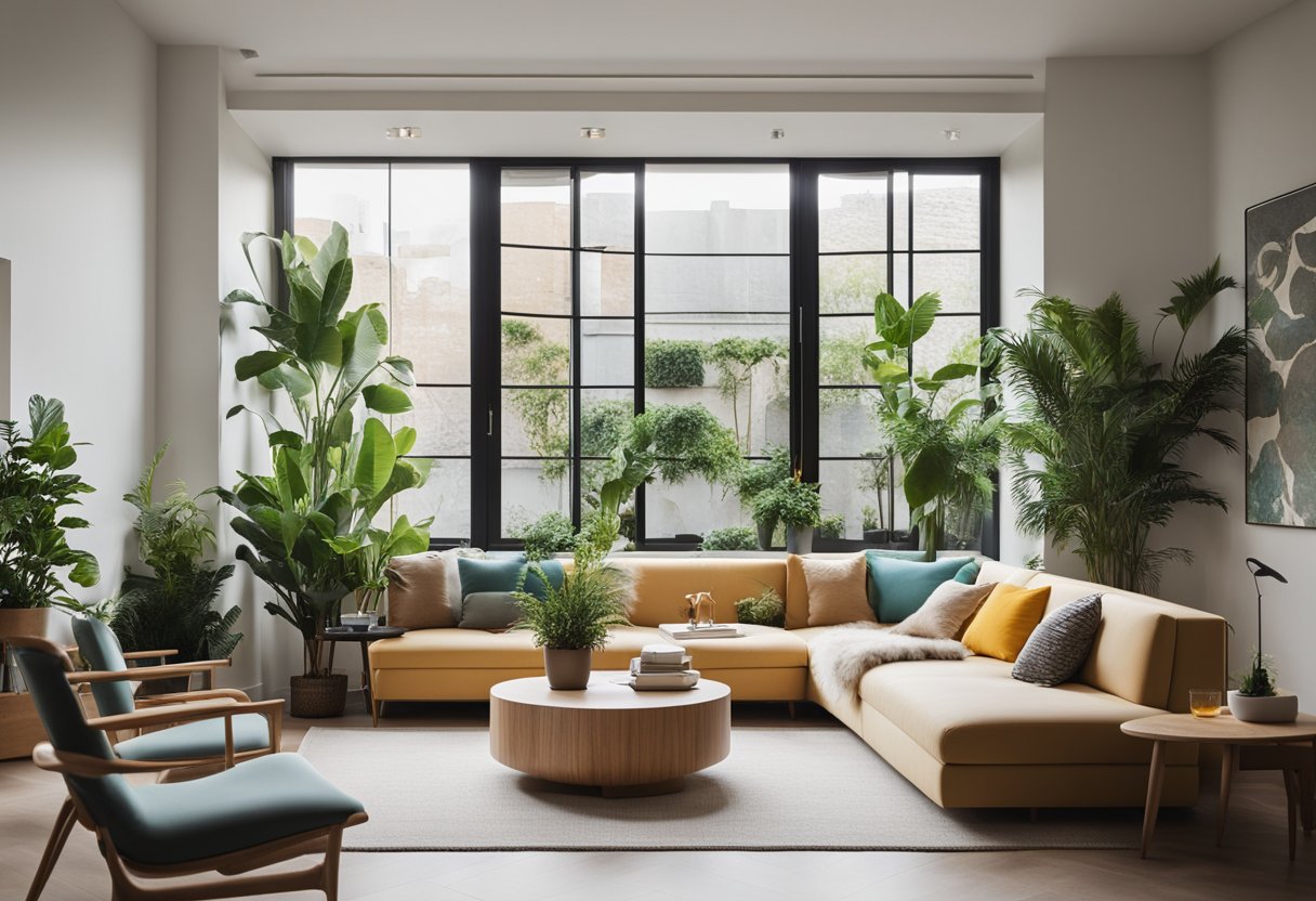 A modern, minimalist living room with a cozy reading nook, sleek furniture, and pops of color in the decor. A large window provides ample natural light, and plants add a touch of greenery