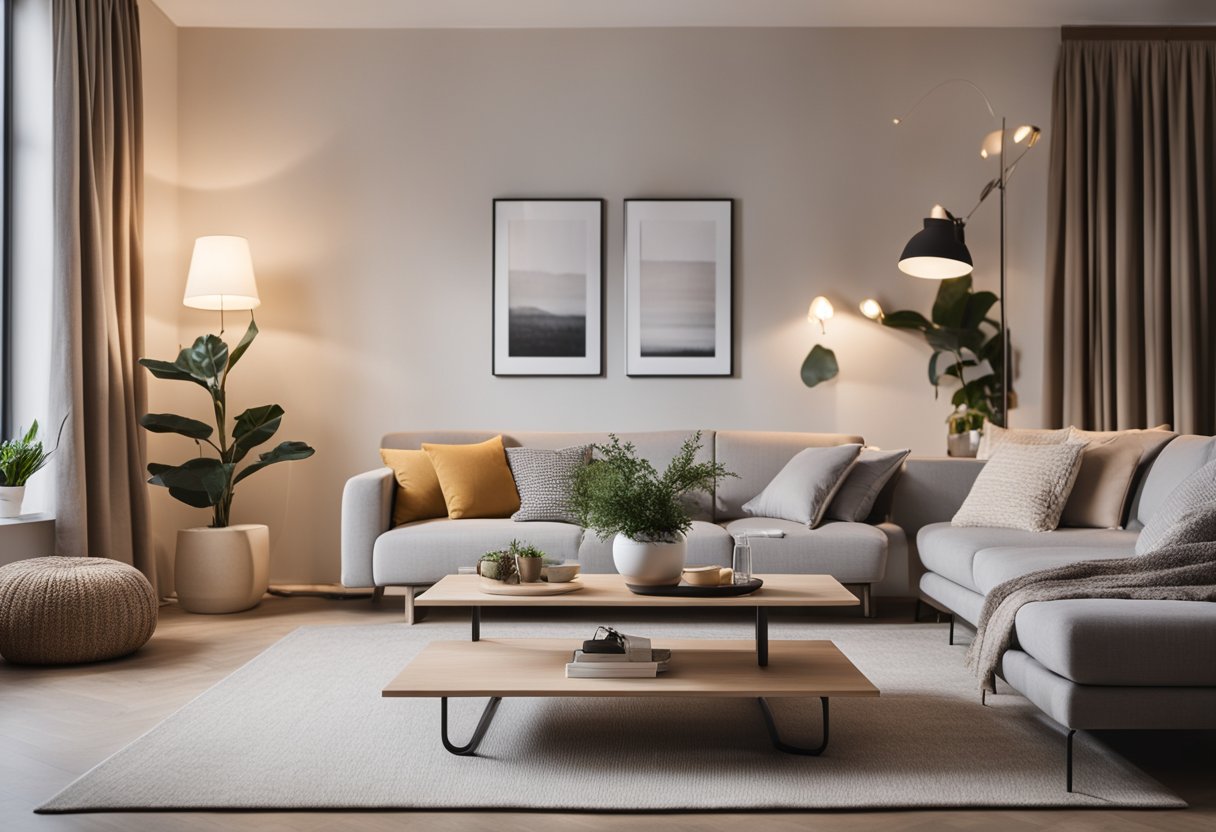 A cozy small living room with a neutral color scheme, a comfortable sofa, a coffee table, and soft lighting from a floor lamp and a large window